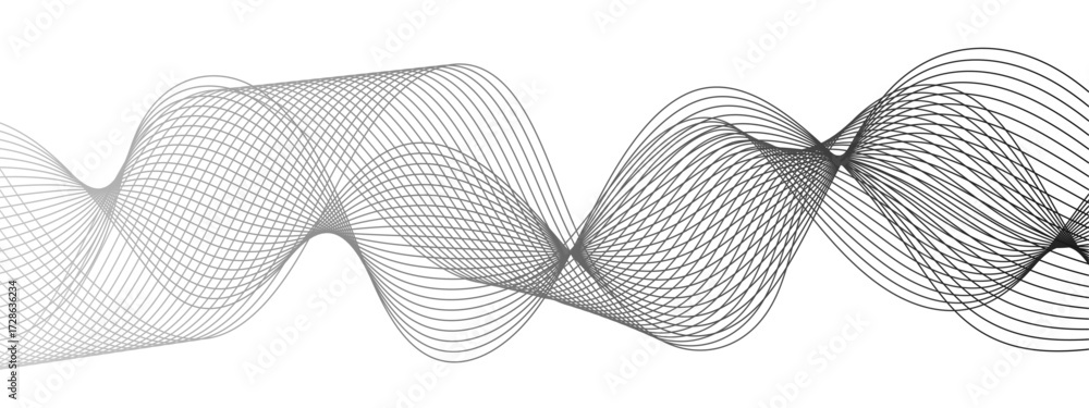 Poster abstract monochrome background with flowing wave lines with geometric mesh patterns. thin, black cur
