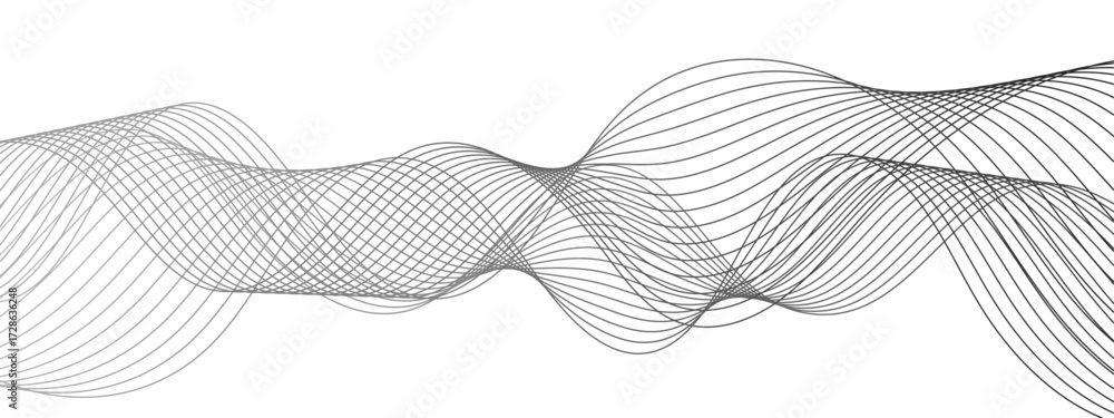 Poster abstract monochrome background with flowing wave lines with geometric mesh patterns. thin, black cur