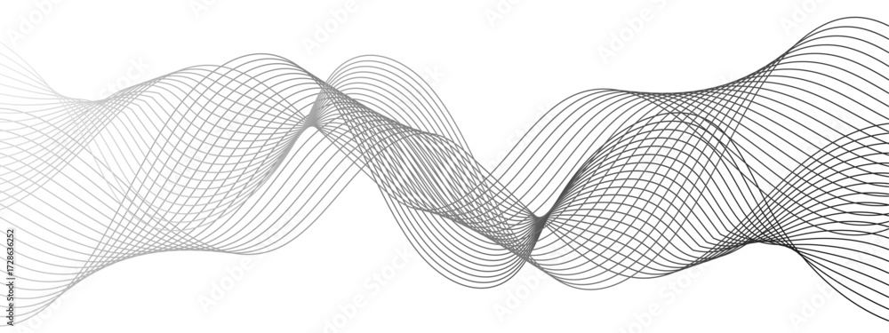 Poster abstract monochrome background with flowing wave lines with geometric mesh patterns. thin, black cur