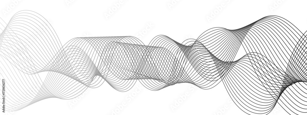 Poster abstract monochrome background with flowing wave lines with geometric mesh patterns. thin, black cur