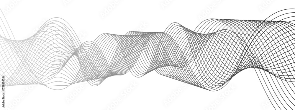 Poster abstract monochrome background with flowing wave lines with geometric mesh patterns. thin, black cur