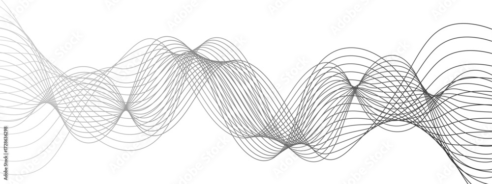 Poster abstract monochrome background with flowing wave lines with geometric mesh patterns. thin, black cur