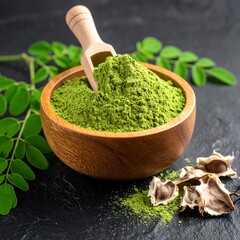 Green powder in wooden bowl, with leaves and seeds