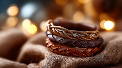 Naklejka premium Braided leather bracelets showing elegance and fashion on a brown background, under gentle light, showcasing intricate weaves and rich texture, serene style scene, calm brown light