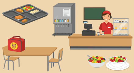 Cafeteria scene with food tray drink machine cashier and fruit bowls