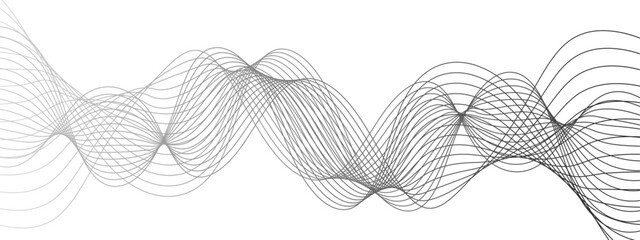 Abstract monochrome background with flowing wave lines with geometric mesh patterns. Thin, black curved lines waves on a white background. Sense of motion, rhythm, and depth dynamic structure