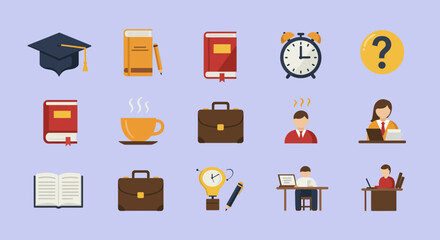Collection of 15 flat icons related to education and office work