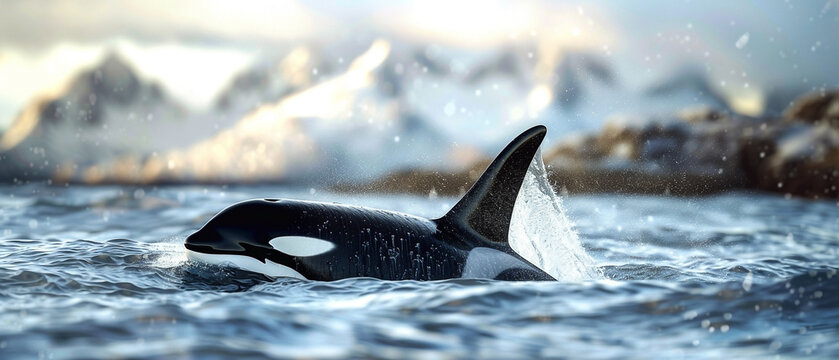Orca whale breaching in icy waters with snow-capped mountains and glacial scenery