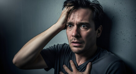 Fototapeta premium Caucasian man experiencing panic attack. Stressed guy with fear on face. Mental health problem and anxiety concept for healthcare.