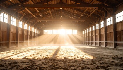 a spacious indoor equestrian arena with sunlight in the morning