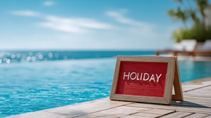 Holiday Bliss: An inviting view of tranquil pool, inviting beach, and azure sea set the stage for relaxation, creating an atmosphere of vacation. Capturing the essence of leisurely pursuit.