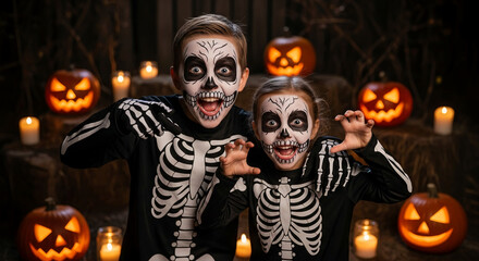 Two children in skeleton costumes, Halloween face paint, pose playfully amidst illuminated pumpkins and candles, creating a spooky yet fun festive scene
