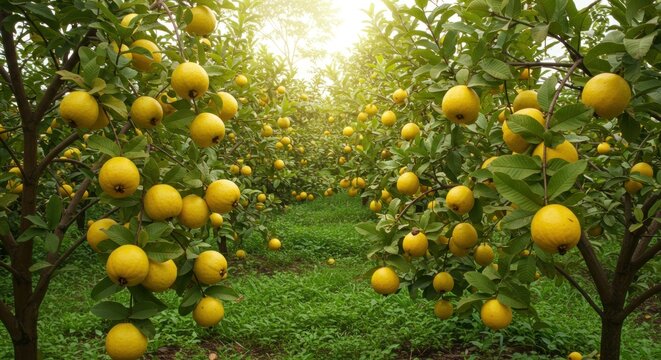 Guava orchard with sunlit trees laden with ripe yellow fruit