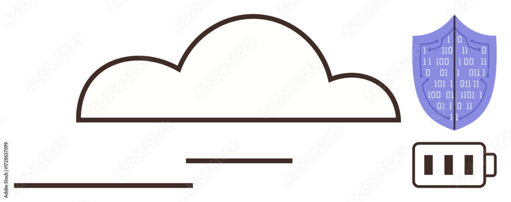 Poster cloud enveloping binary code shield and battery icon, symbolizing data protection, energy efficiency