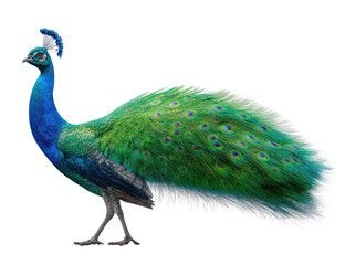 Side profile of a peacock with vibrant plumage