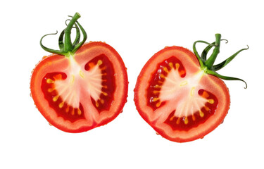 Halved red tomato with water drops isolated on white background cutout transparent png