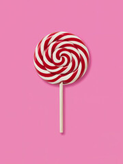 A red and white swirled lollipop on a stick against a solid pink background in a studio shot