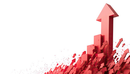 Red upward arrow rising from a pile of fragmented red blocks