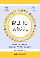 Back to school vector poster with cute yellow pencils wreath. Perfect for school, college, study materials, flyers, banners.