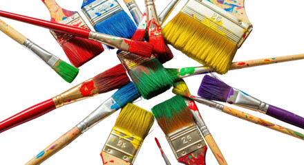 A pile of paint brushes covered in paint isolated cutout transparent png