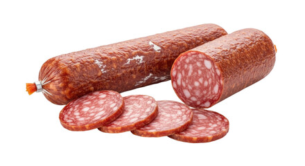 Salami sausage with slices isolated on white background cutout transparent png