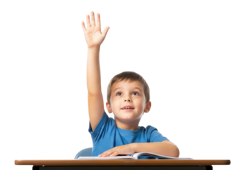 Young boy student raising his hand in class isolated cutout transparent png