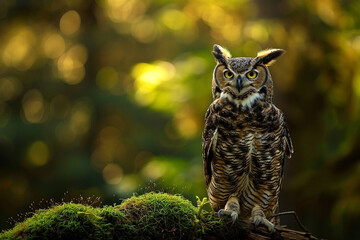 Majestic great horned owl perched on a mossy branch in a vibrant forest setting outdoors
