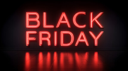 Black Friday neon red glowing sign with reflection on dark background
