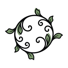 Black swirling vine with green leaves circular design leaf