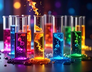 Colorful test tubes with vibrant liquids, splashing, and bubbling