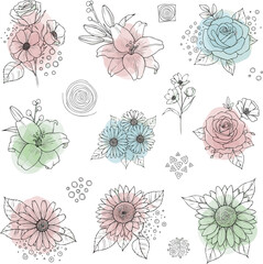 Create a kinds of deferent flower sketch vector, hand drawn flowers line art, abstract art, decorative love, fresh life nature vector art with white background.