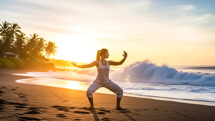 Beautiful Woman practicing tai chi at sunrise on tropical black sand beach with big waves background