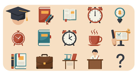 Flat design icons related to education time management and work
