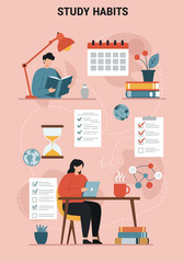Flat illustration showing people studying with books calendar checklists and technology
