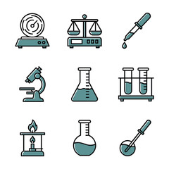 Obraz premium Collection of science laboratory equipment icons in teal and black beaker