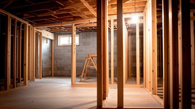 Unfinished basement renovation with wood framing, concrete floor, cinder block wall, exposed ceiling, construction tools, and bright window light