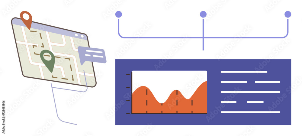 Poster map with location pins and speech bubble next to data chart with peaks, text blocks, and connecting 
