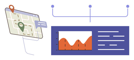 Obraz premium Map with location pins and speech bubble next to data chart with peaks, text blocks, and connecting nodes. Ideal for navigation, analytics, planning, strategy, logistics, monitoring simple flat