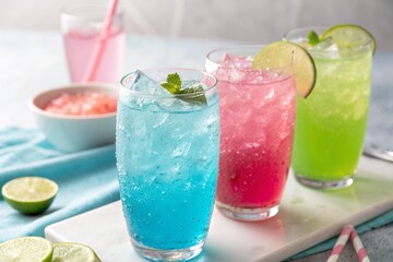 Blue, Pink, and Green Fresh Colorful Cocktail or Juice