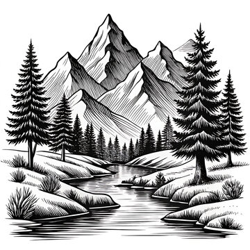 black and white drawing of a landscape with trees, mountains and a river black isolated on white background ,PNG. AI Generated
