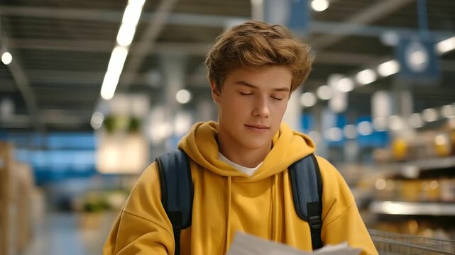 Diet focused teenager examines nutritious food grappling with food choice in a supermarket. Canvas backpack in cart paper receipt in pocket store aisle squeaks with carts. three