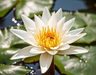Close-up of a pristine white water lily, its golden center vibrant against dark green lily pads