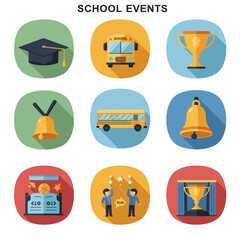 Nine flat design icons related to school events in a 3x3 grid