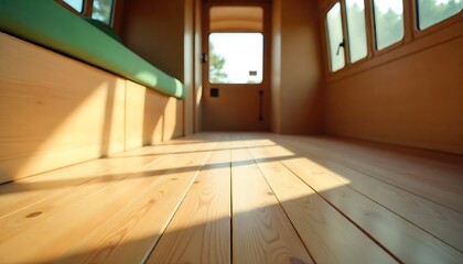 a wooden floor in a modern, minimalist interior of a bus., created wth generative ai