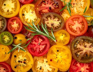 Colorful tomato slices with rosemary and spices