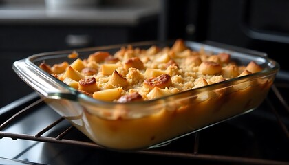  glass baking dish filled with a baked apple crisp on top of an oven rack, Home baking: apple shortcake, freshly baked, created wth generative ai