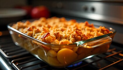  glass baking dish filled with a baked apple crisp on top of an oven rack, Home baking: apple shortcake, freshly baked, created wth generative ai
