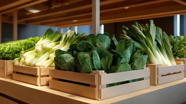 Library reading nook with Dutch librarian curating wooden crates of endive and leeks for a food literature exhibit literary organic harvest bookish vegetable display sustainable