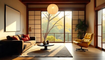 Japanese Style Living Room Interior With Sofa, Armchair, Television Set And Coffee Table, Modern Japanese minimalist interior design, created wth generative ai