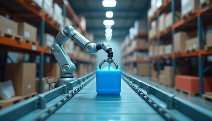 cardbox moving along a conveyor belt in a large, industrial warehouse, Organized cargo transportation system. Industrial facility. Efficient package delivery. Modern, created wth generative ai